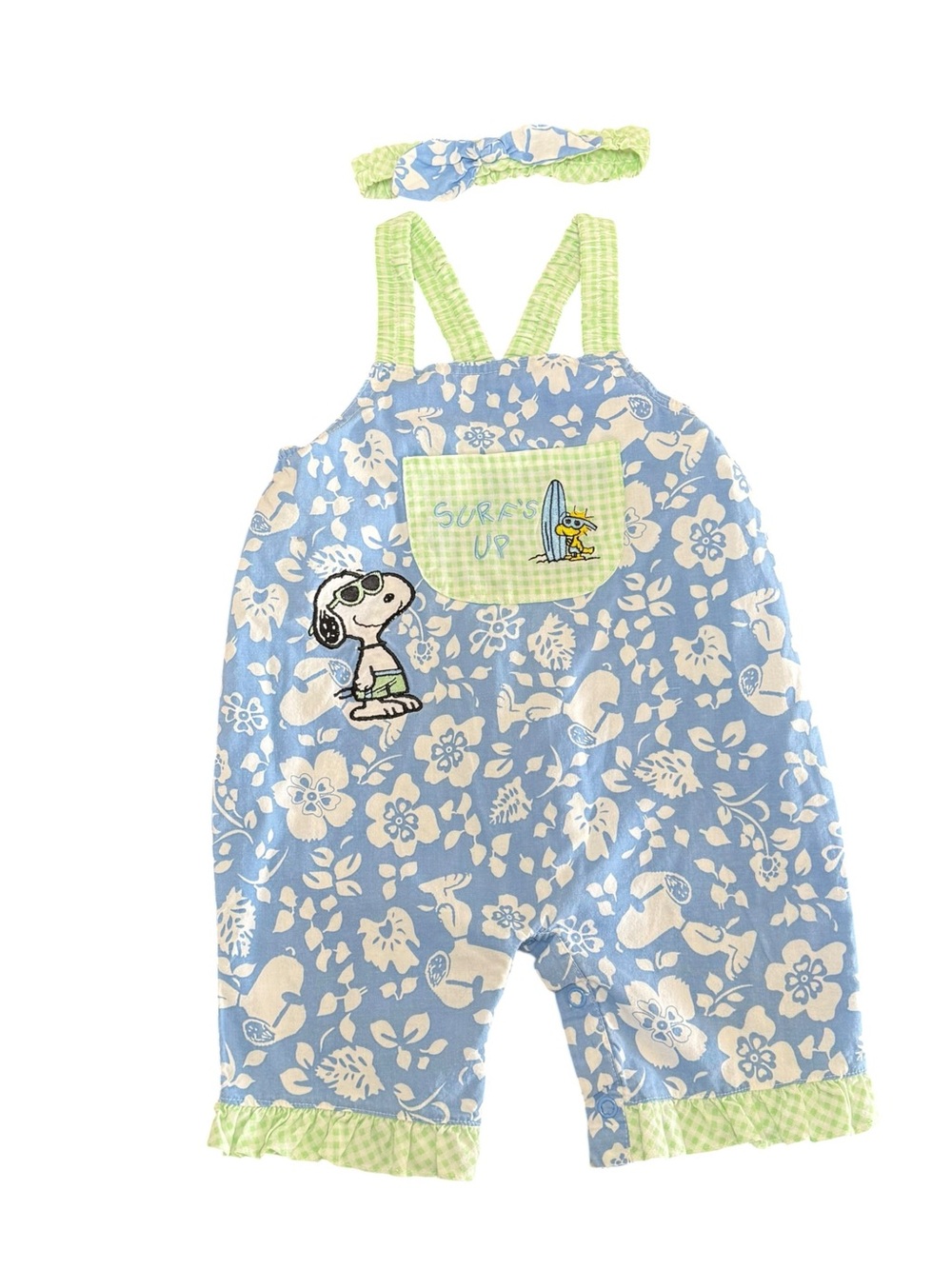 Vintage Y2K 90s Peanuts Snoopy Woostock Surfs Up Hawaiian Romper 3T + Headband